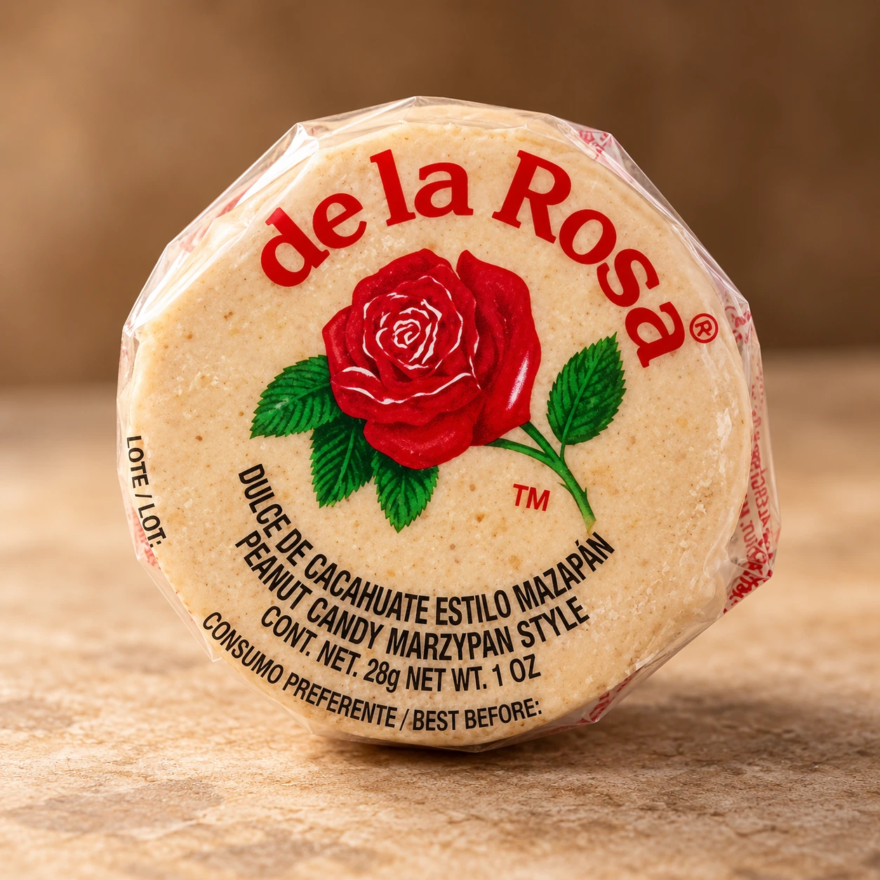 Mazapán De la Rosa Tradicional — El dulce tradicional de cacahuete molido que se deshace en la boca. Un bocado de pura nostalgia mexicana en Madrid y Barcelona.