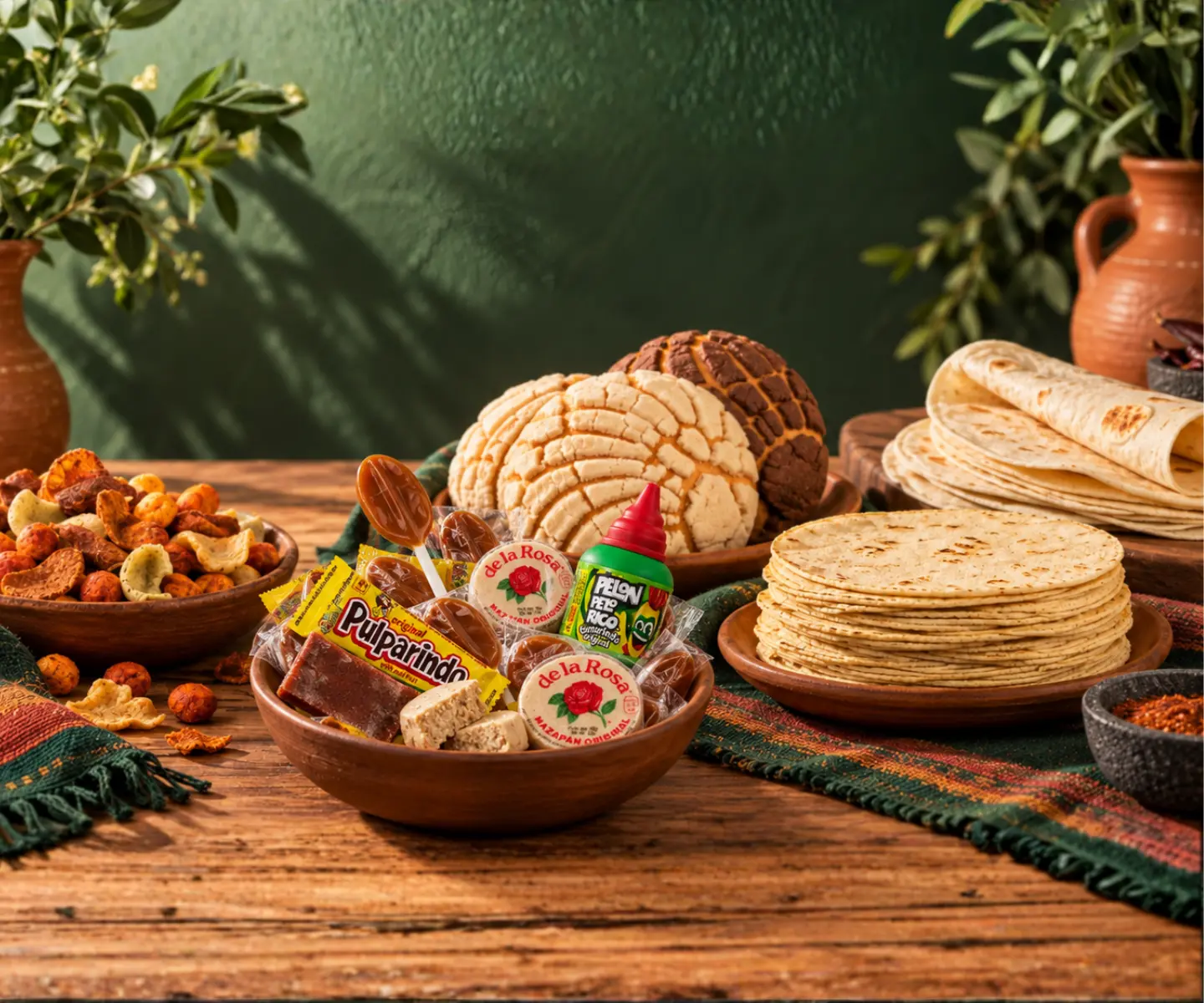 Despensa mexicana en Barcelona: tortillas de maíz nixtamalizado, conchas de vainilla y chocolate, dulces Pulparindo y mazapán De la Rosa y botanas enchiladas sobre mesa de madera