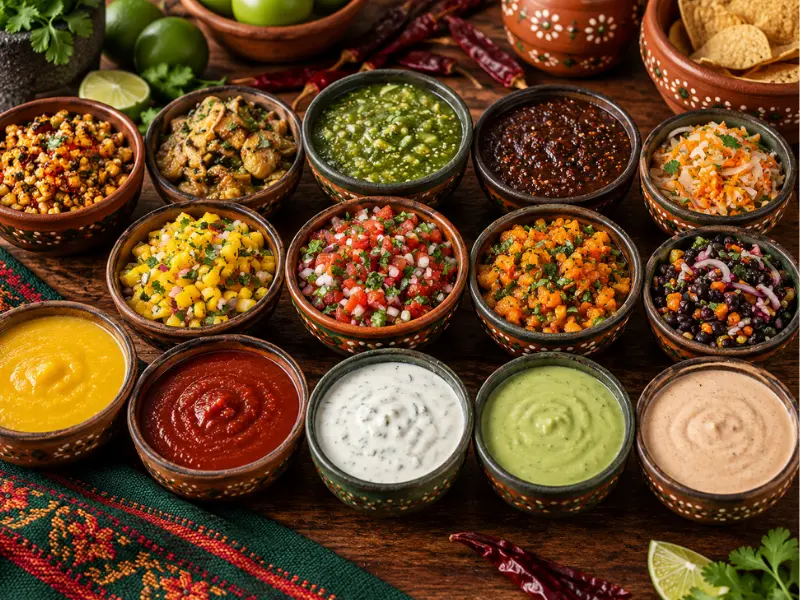 Salsas y chiles mexicanos en Barcelona: salsa verde de tomatillo, salsa macha, pico de gallo y moles en cazuelas de barro