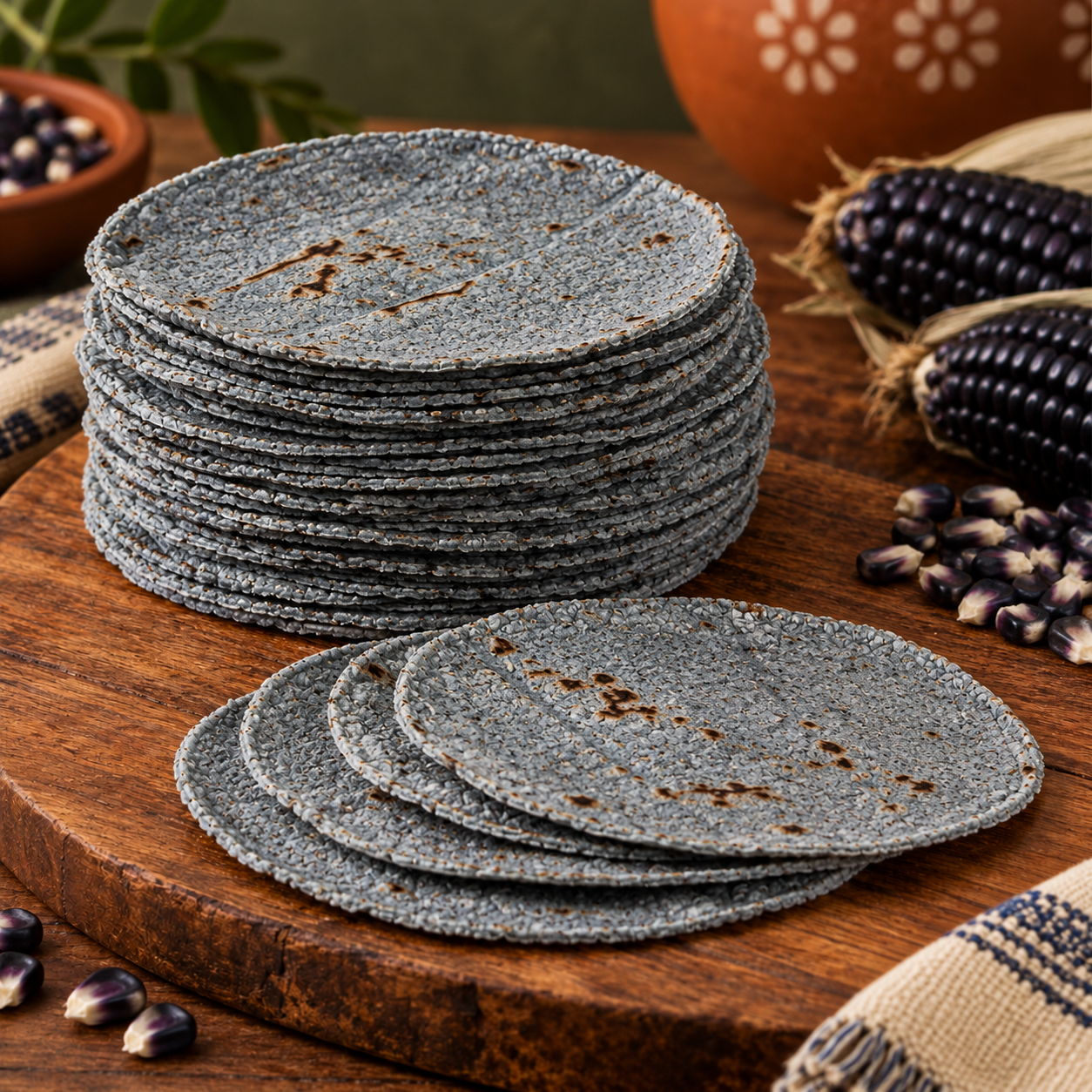 Tortilla de Maíz Azul Premium (12 cm) — Tortillas de maíz azul nativo nixtamalizado. Sabor intenso y toque gastronómico único.