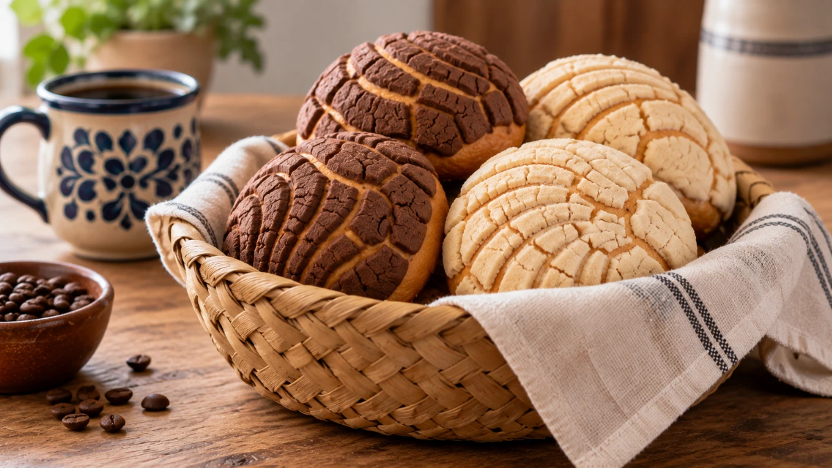 Conchas mexicanas, mantecadas y roles de canela recién horneados en una panadería mexicana de Barcelona