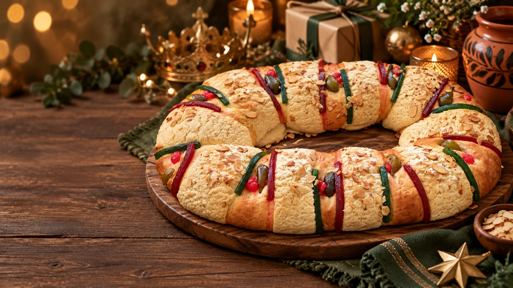 Rosca de Reyes mexicana artesanal con frutas cristalizadas sobre tabla de madera con corona y velas navideñas en Barcelona