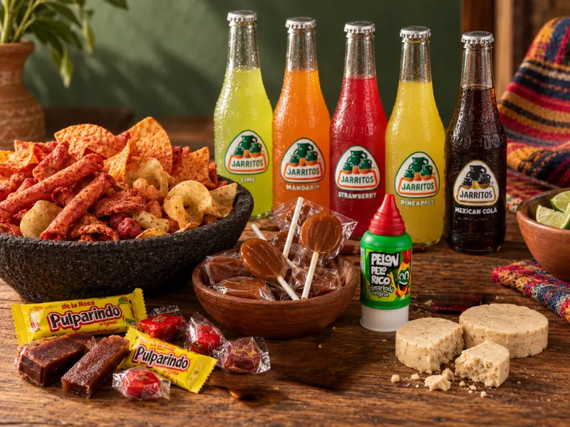 Botanas y dulces mexicanos en Barcelona: churritos con chile-limón, Pulparindo, Pelón Pelo Rico, mazapán y refrescos Jarritos