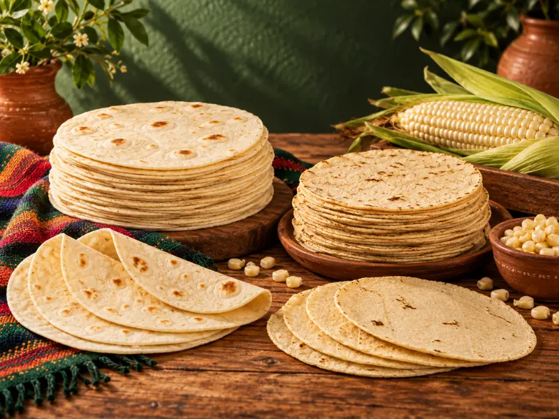 Tortillas de maíz nixtamalizado frescas de variedades blanca y amarilla en Barcelona