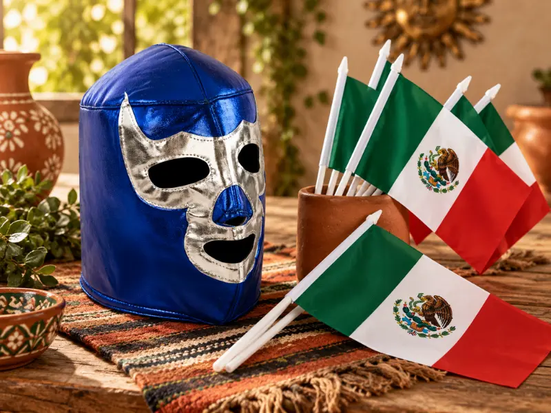 Artesanía mexicana en Barcelona: máscara de lucha libre azul y banderas de México sobre textil artesanal