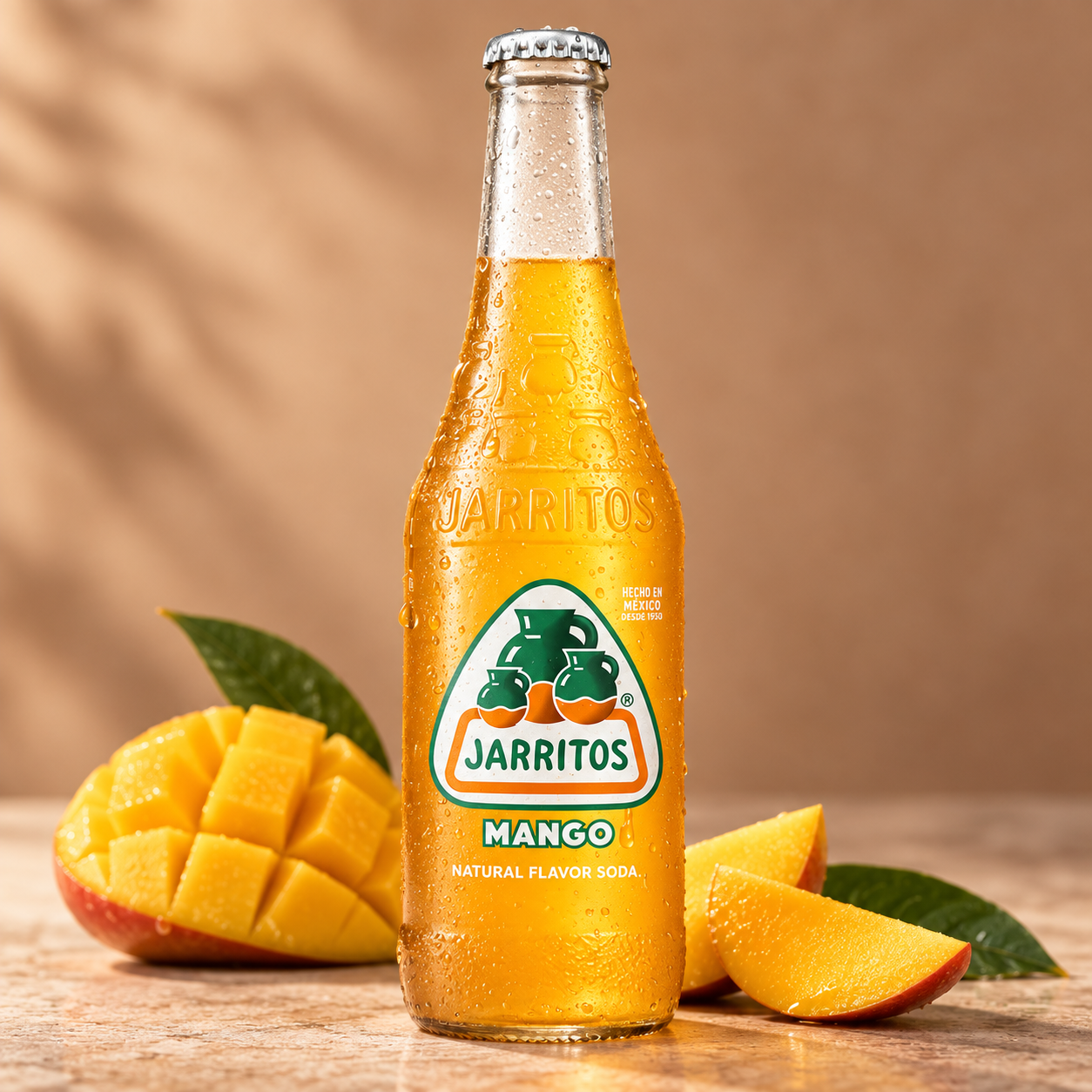 Refresco Jarritos Sabor Mango — Jarritos mango en botella de vidrio: pulpa de mango y azúcar de caña. El refresco mexicano más tropical.