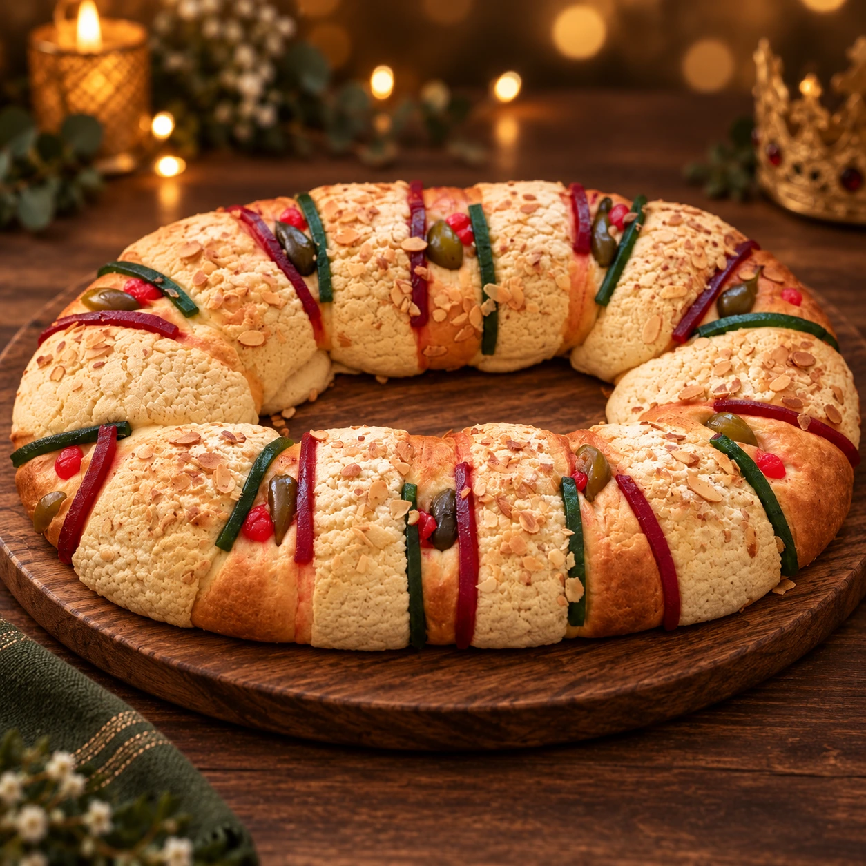 Rosca de Reyes mexicana artesanal por encargo en Barcelona con costras de azúcar, almendra laminada y ate de frutas