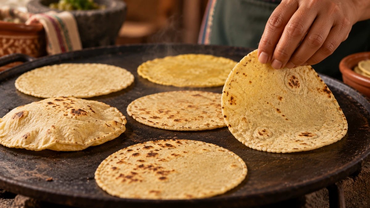 Tortillas de maíz nixtamalizado calentándose en un comal tradicional mexicano, con una mano volteando una tortilla