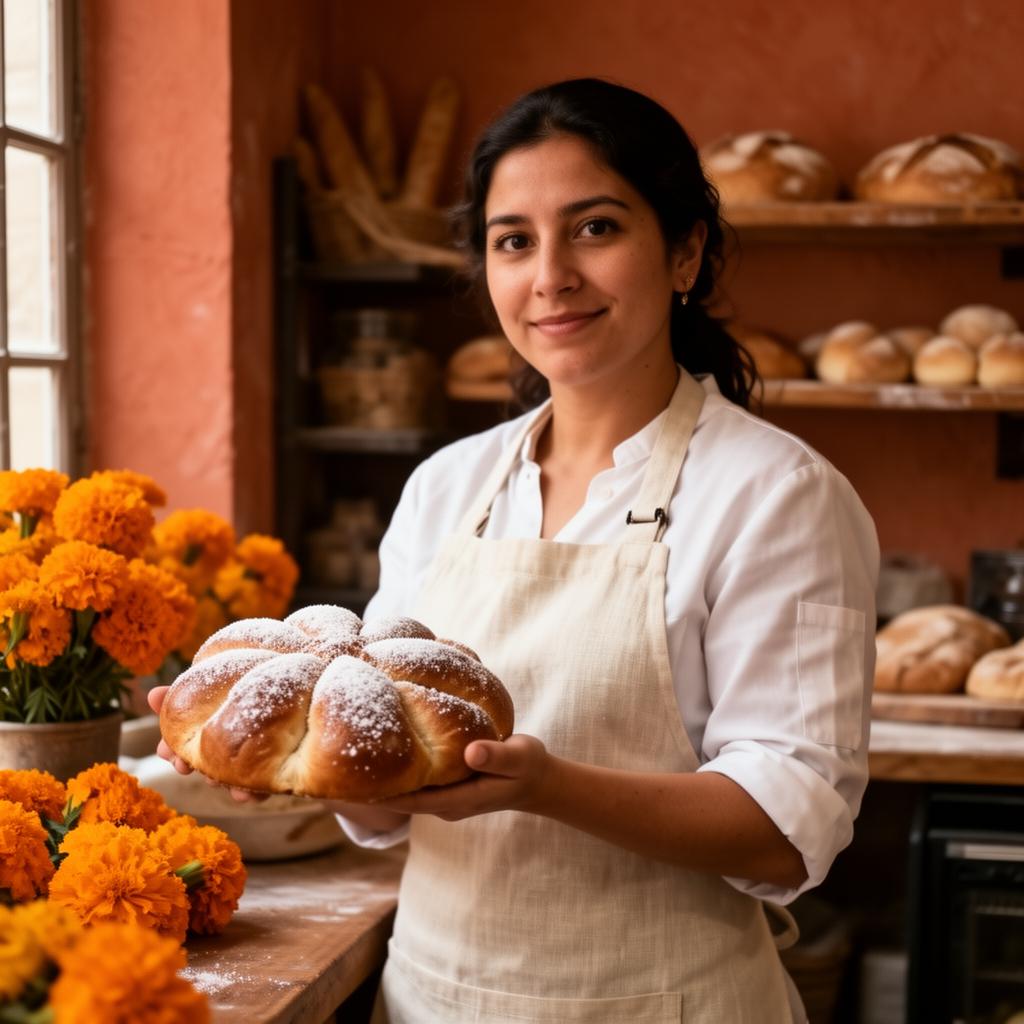 Chef Iris Barbosa con un Pan de Muerto recién horneado en Barcelona