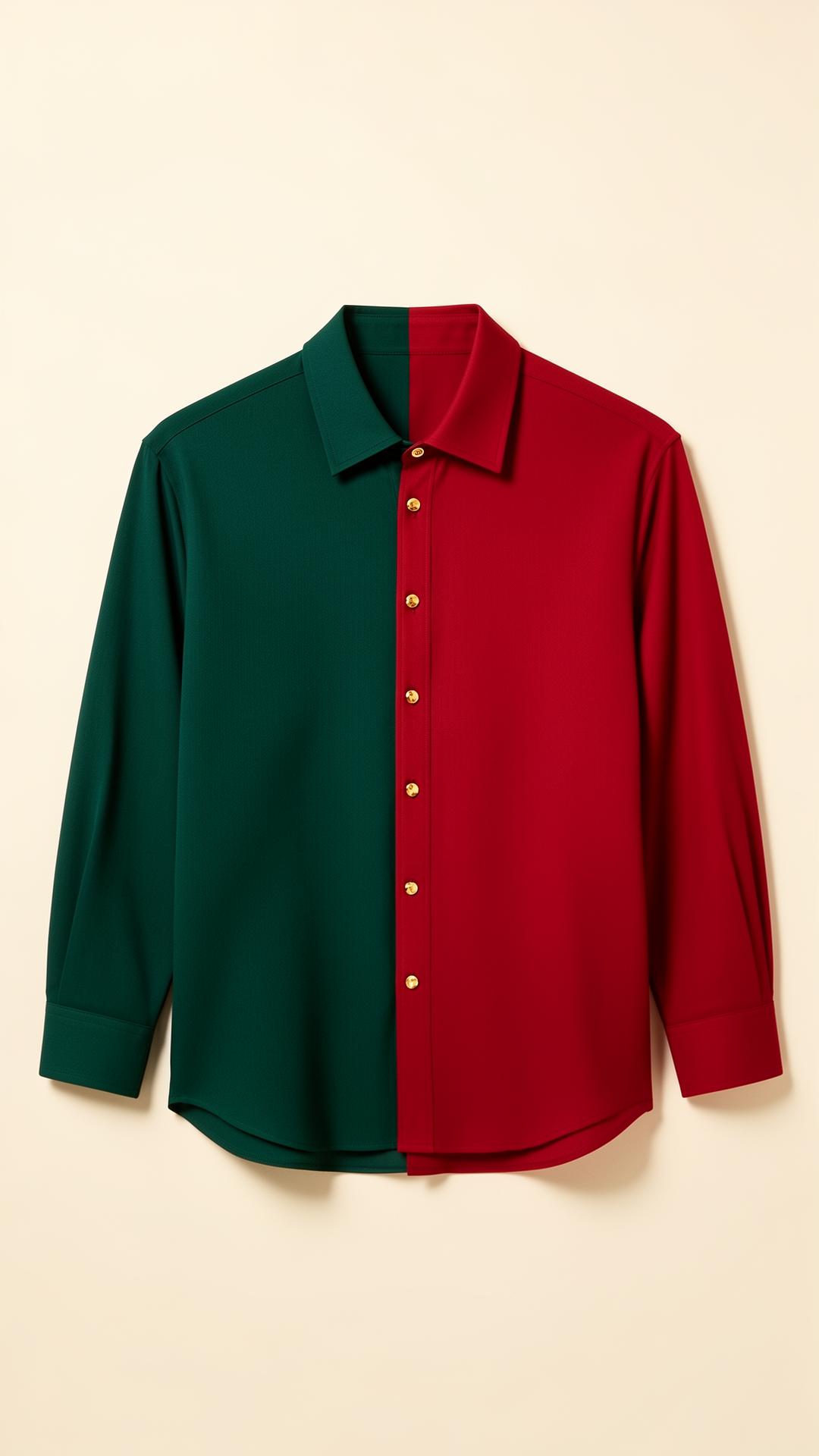 Camisa Premium 'Dos Tierras' dividida verticalmente — mitad verde México, mitad rojo España, con botones dorados