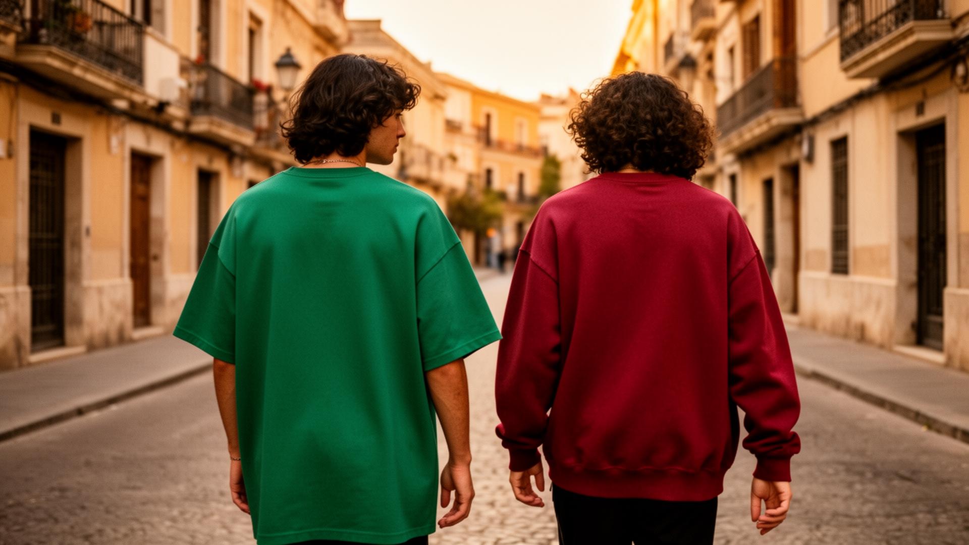 Dos amigos paseando por una calle mediterránea al atardecer con prendas verde y roja de la colección Dos Tierras de tiendamexicana.eu