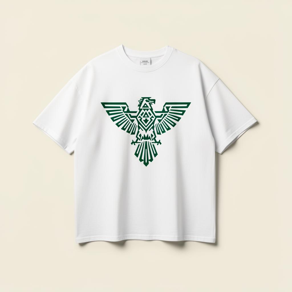 Playera Águila Azteca streetwear oversized en blanco con gráfica geométrica verde — colección Dos Tierras