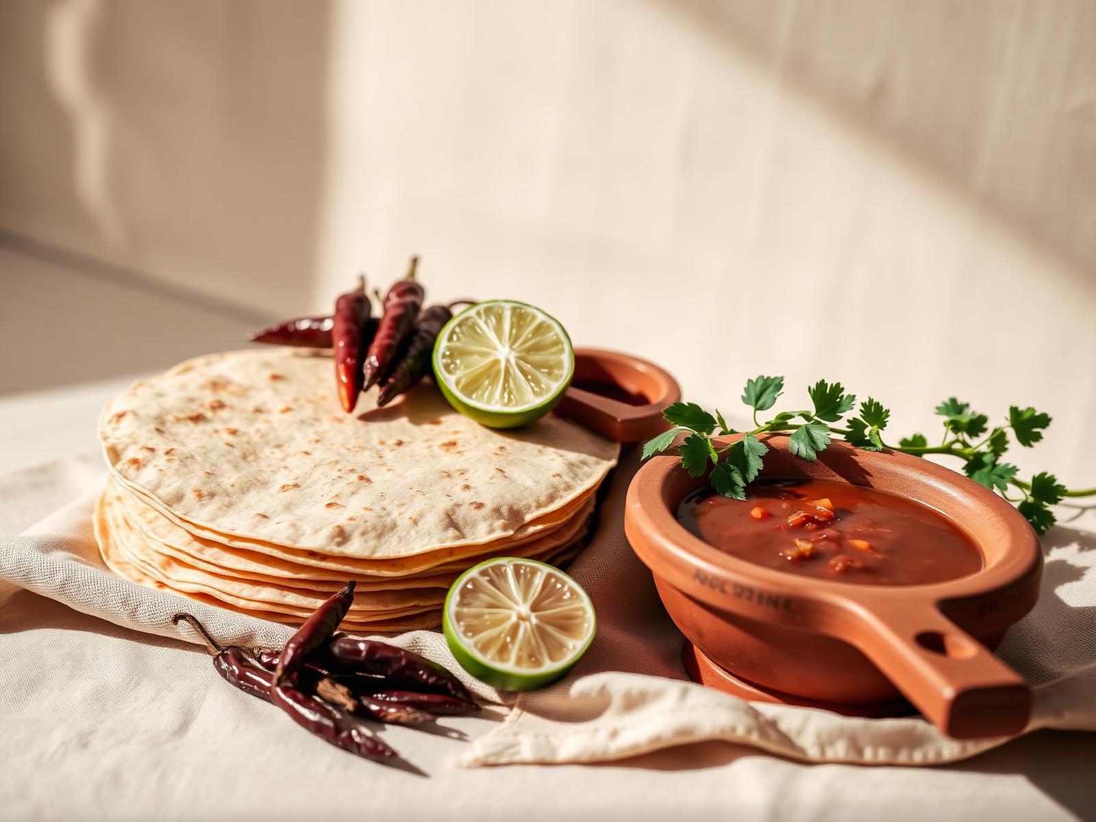 Despensa mexicana premium con tortillas, chiles y salsa