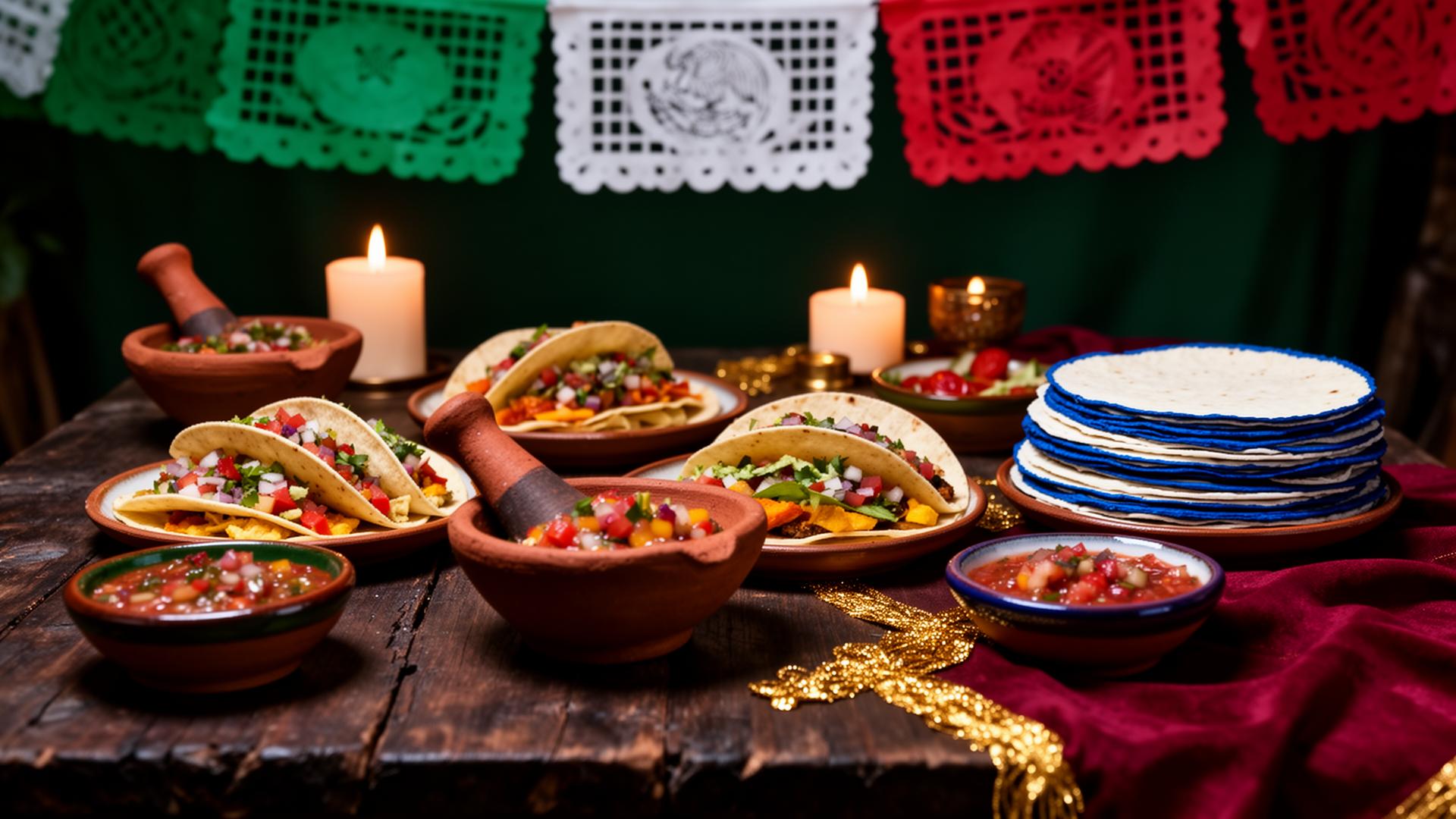 Mesa festiva de Noche Mexicana con tacos, salsas y papel picado para celebrar El Grito en Barcelona y Madrid