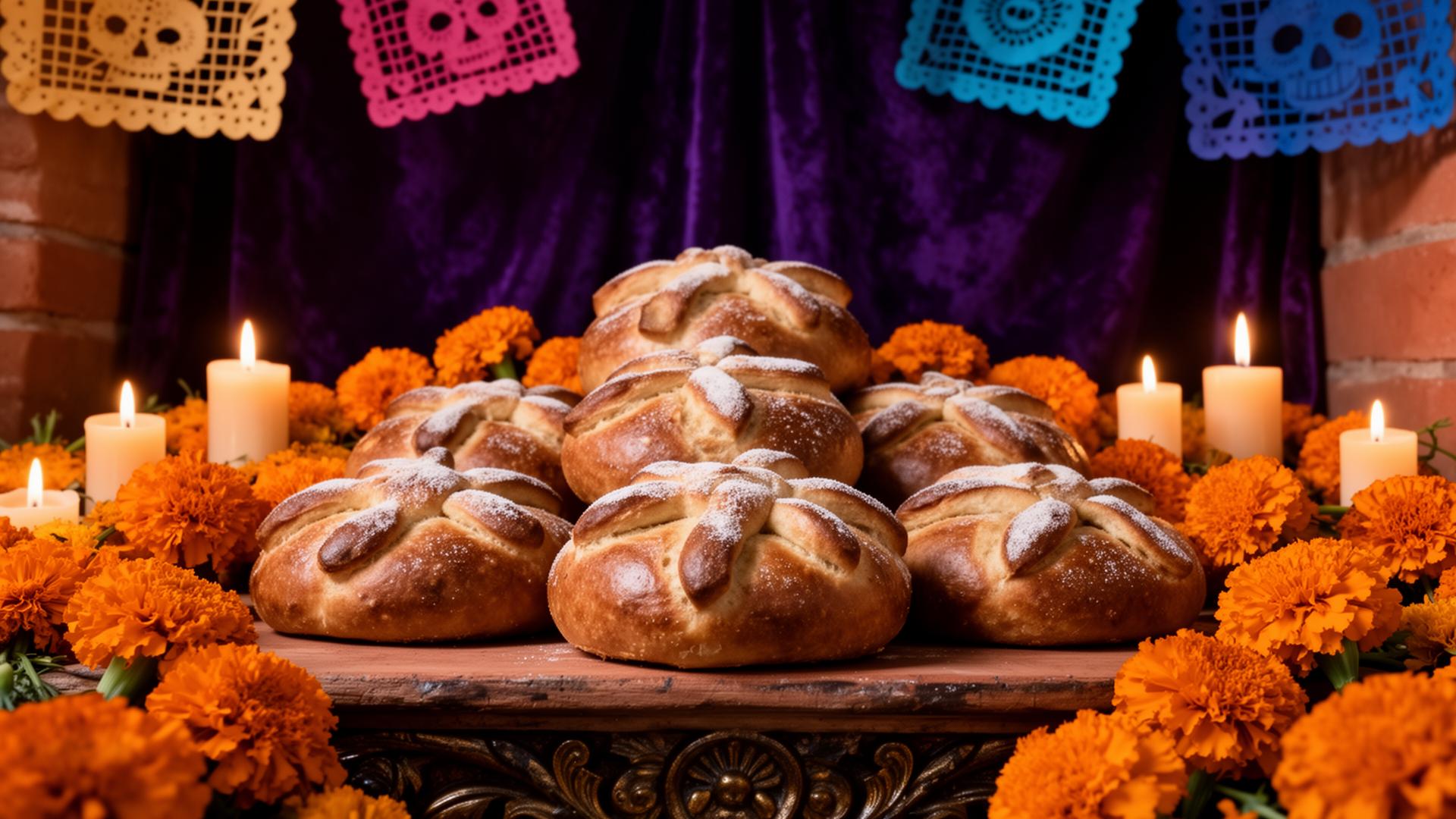 Pan de Muerto artesanal sobre altar de Día de Muertos con velas y cempasúchil en Barcelona