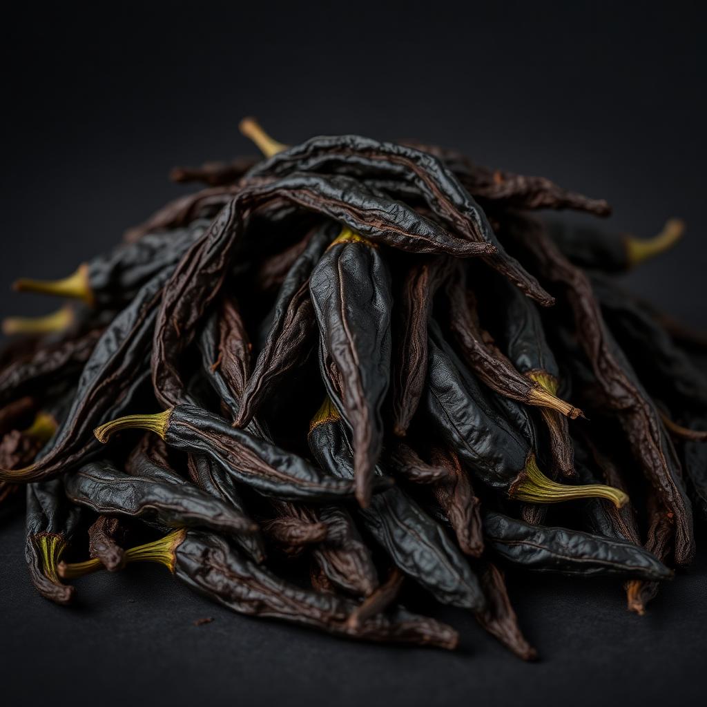 Chile Pasilla Seco — Chile pasilla seco, color casi negro y notas a pasas y cacao. Para mole poblano en España.