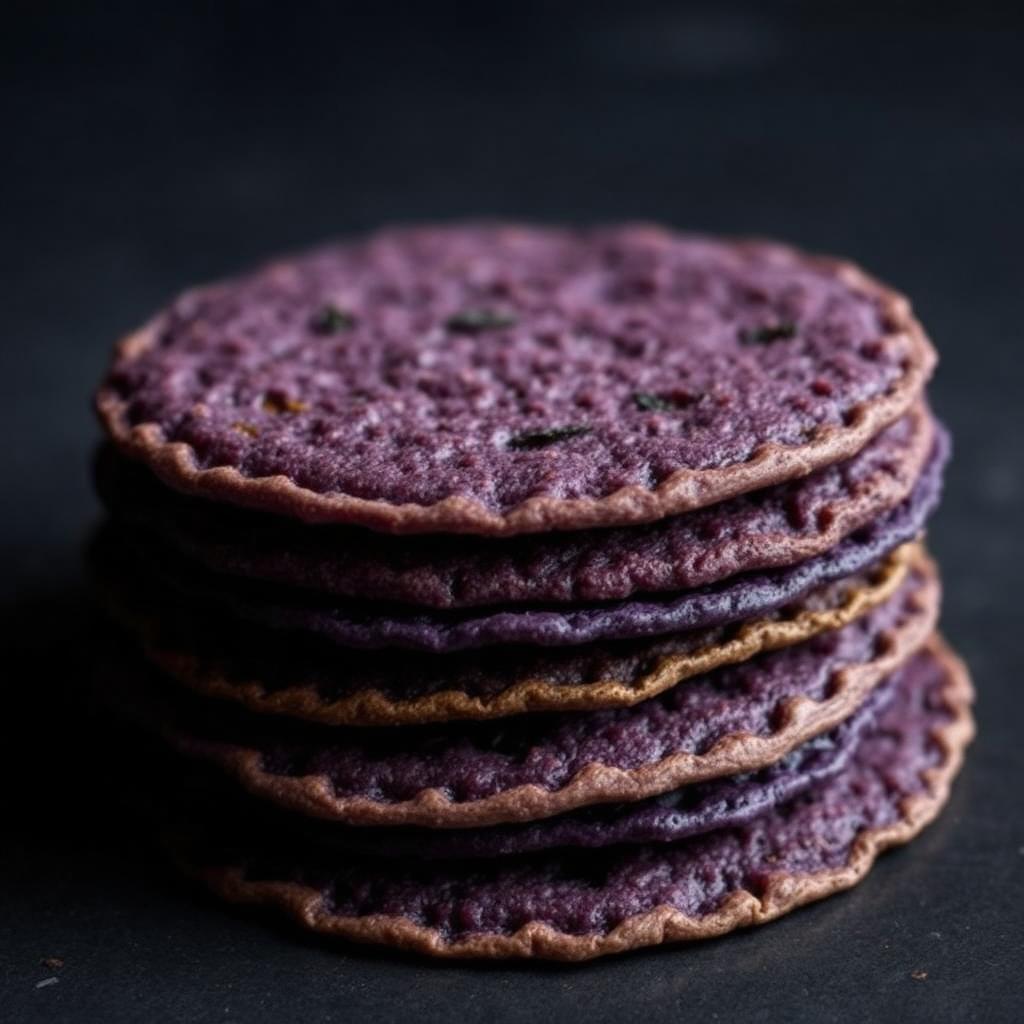 Tostadas de Maíz Azul — Tostadas finas de maíz azul, color violeta intenso. Versión premium.