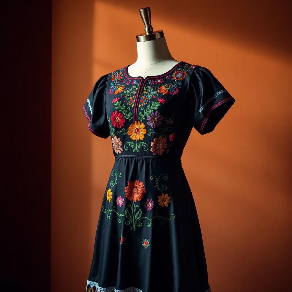 Vestido Tradicional Estilo Puebla (Bordado a mano) — Vestidos mexicanos en Barcelona: traje tradicional de Puebla bordado a mano con flores de colores vivos en satén negro. Artesanía textil mexicana auténtica.