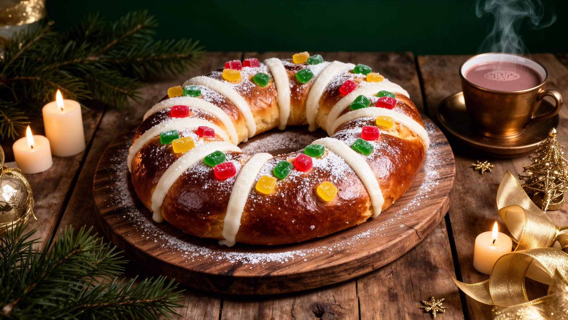 Rosca de Reyes mexicana artesanal sobre mesa de madera con velas y ramas de pino en Barcelona