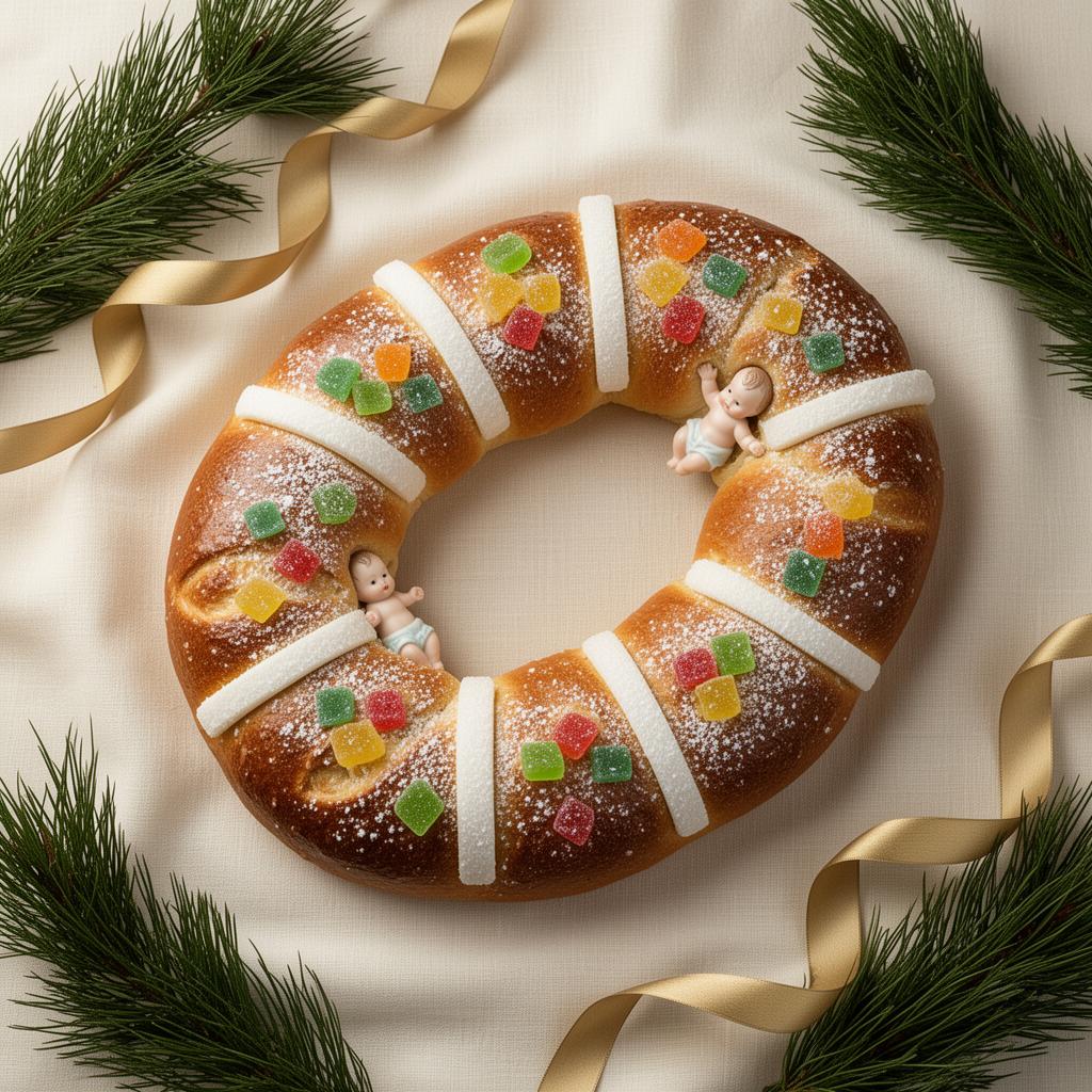Rosca de Reyes Tradicional Mexicana con monitos y costras de azúcar