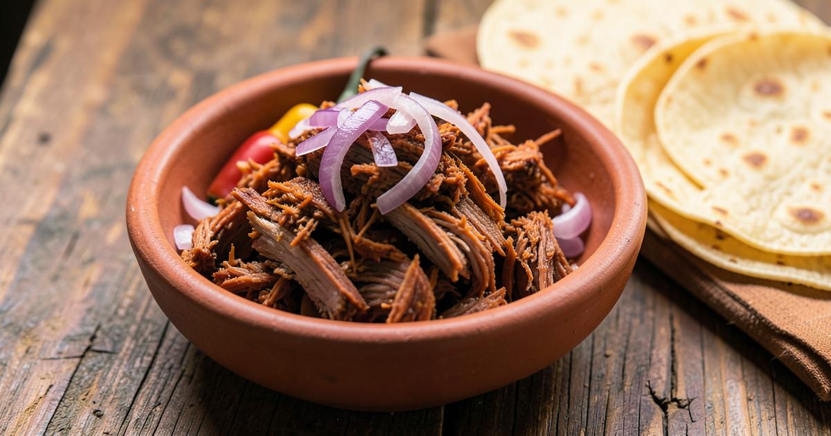 Cochinita pibil deshebrada en cazuela de barro con cebolla morada encurtida y tortillas de maíz