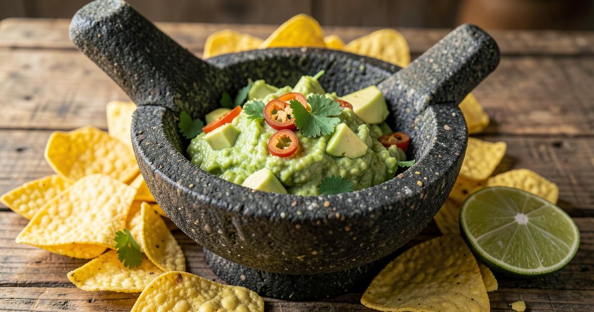 Guacamole recién hecho en molcajete de piedra con cilantro, chile y totopos de maíz