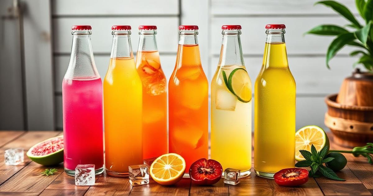Botellas de refresco Jarritos de guayaba, mandarina, lima y tamarindo con hielo