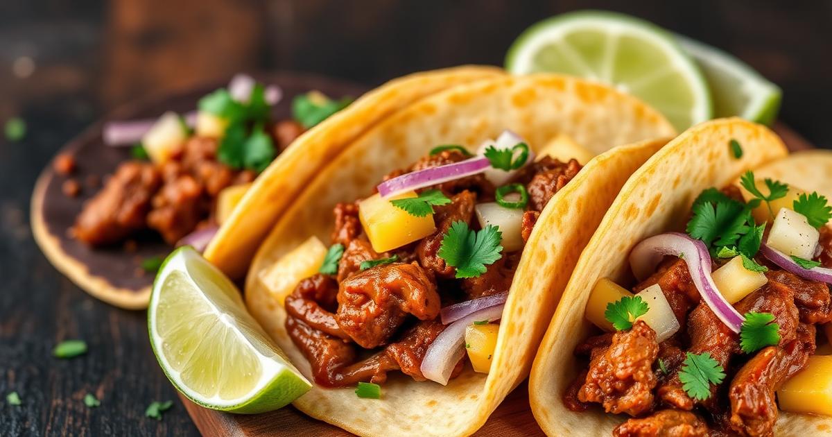 Tacos al pastor en tortilla de maíz con piña, cebolla y cilantro